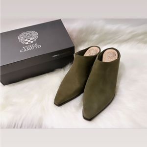 Size 8 Vince Camuto army green suede mules, worn once, comes with original box